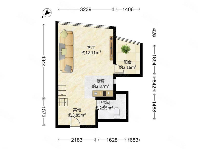 城市3米6公寓1室1厅1卫35㎡东200万