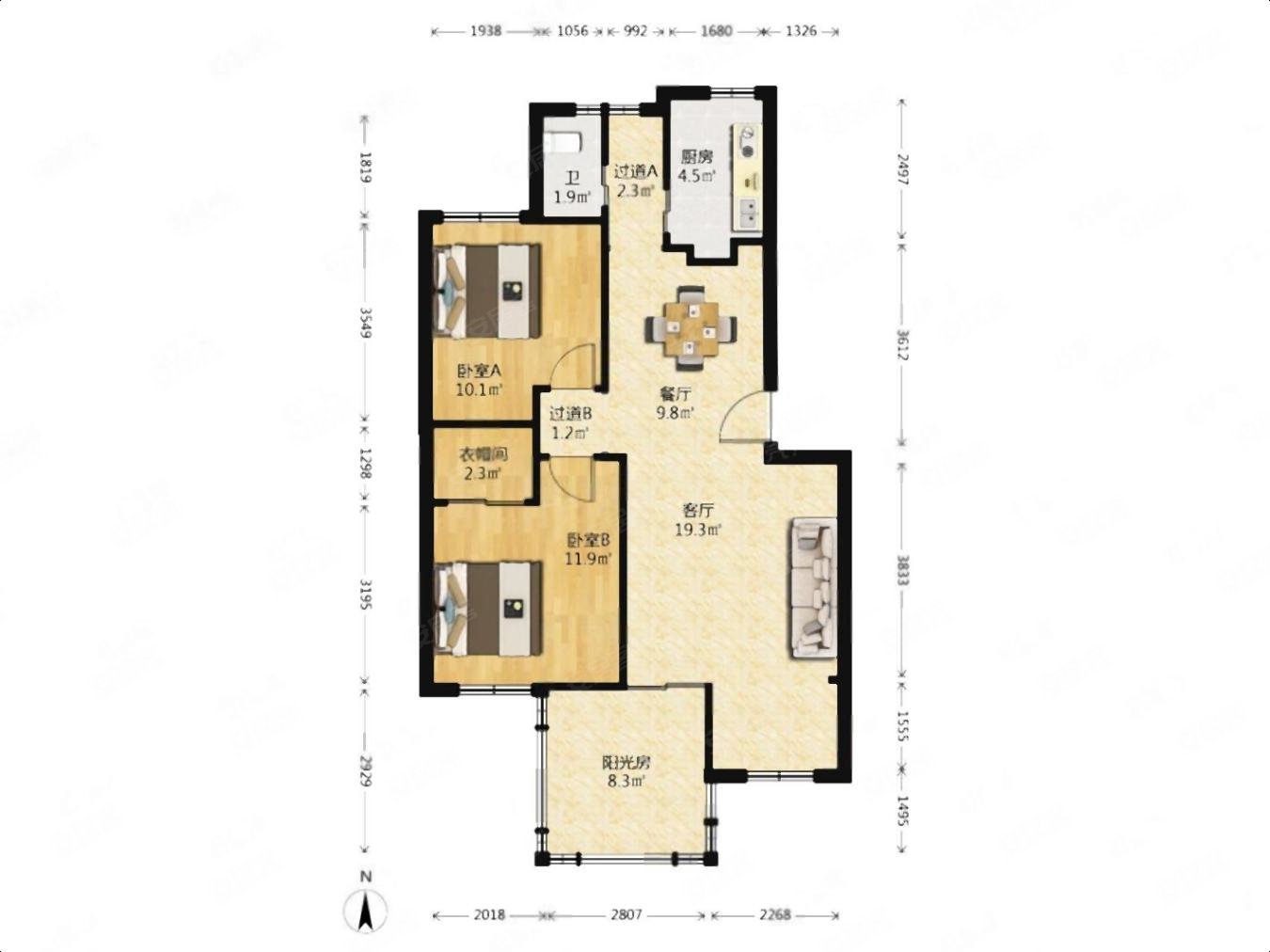 荣安花园2室2厅1卫80.07㎡南北148万