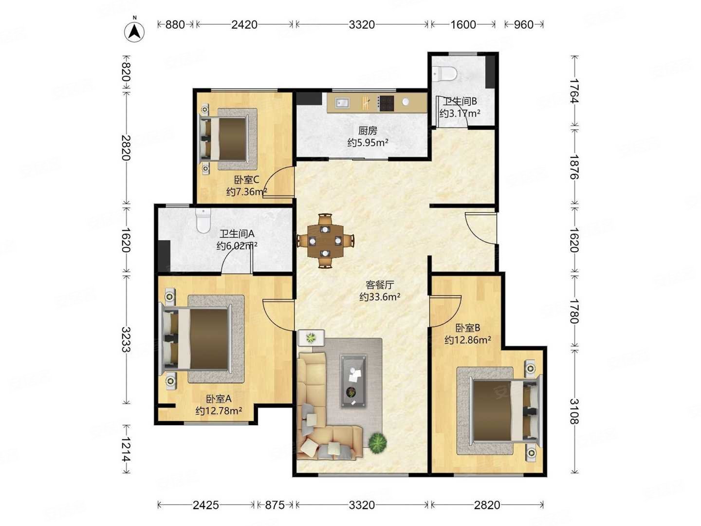 万科新都会3室2厅2卫94.51㎡南北118万