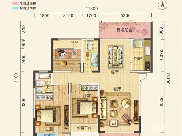 源达大厦4室2厅3卫113.87㎡南北365万