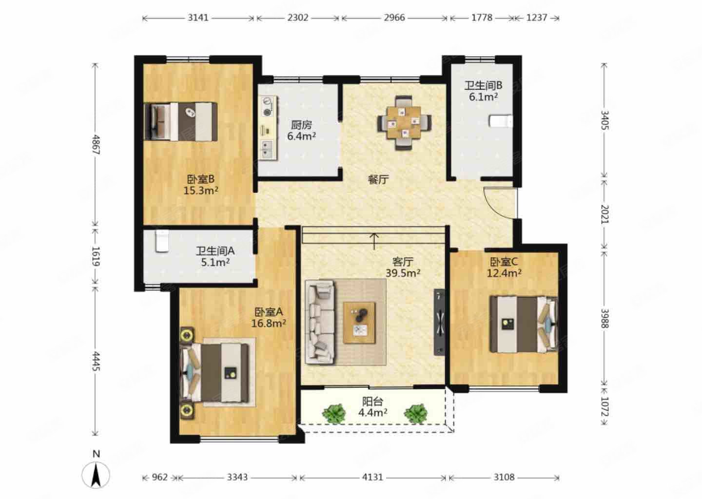 水岸绿洲3室2厅2卫134㎡南北138万