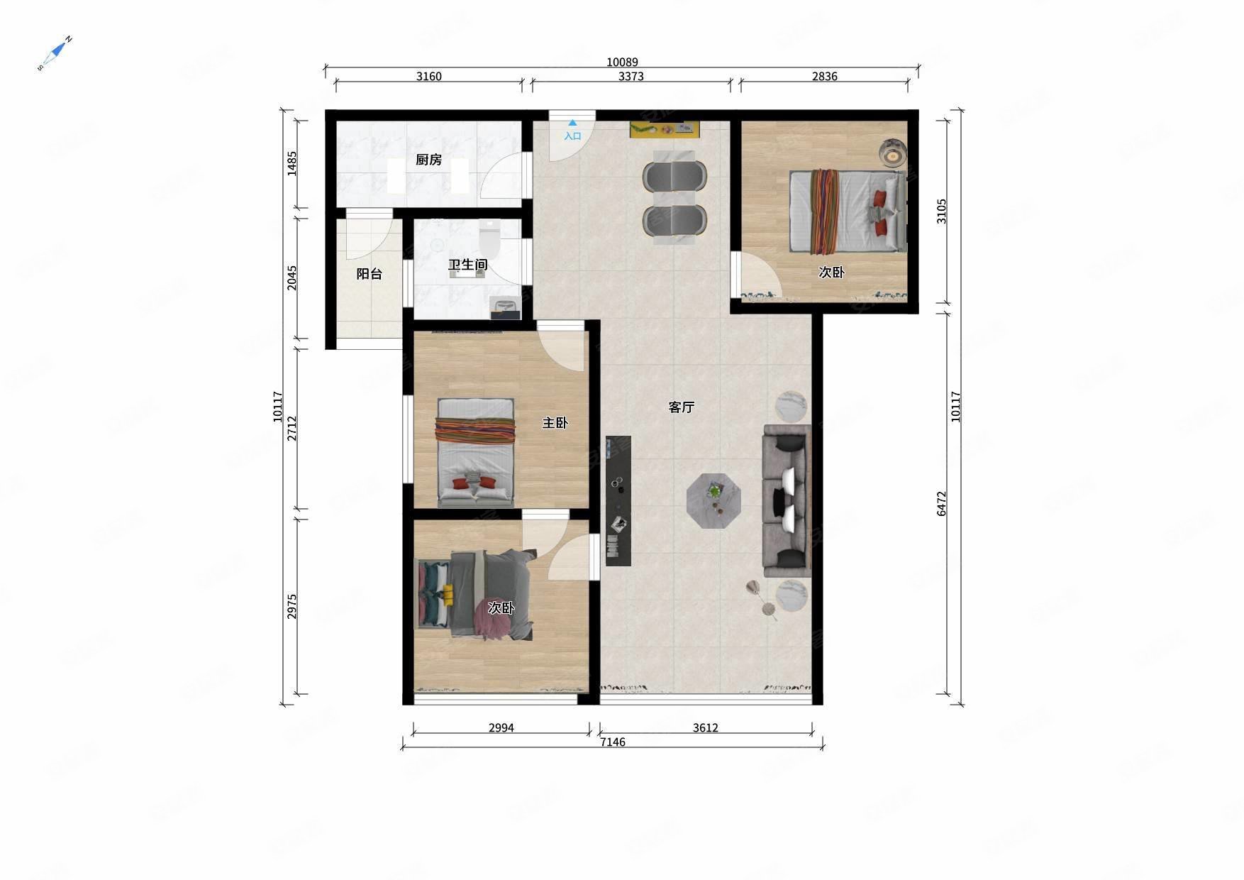 五彩城西区3室2厅1卫88.41㎡东南92万