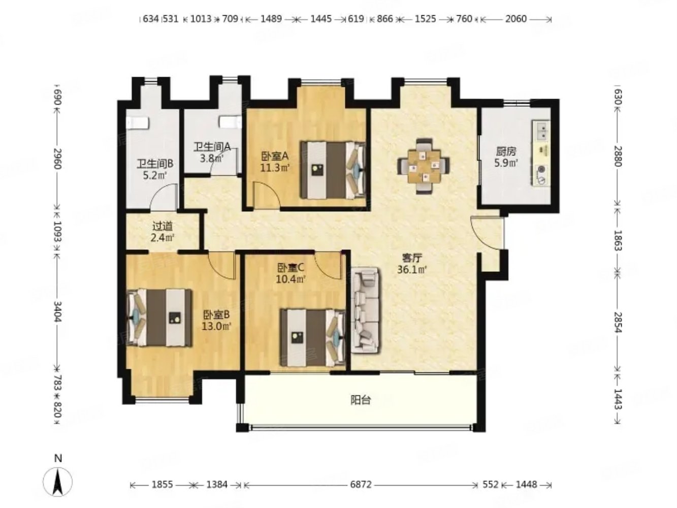 康桥知园3室2厅2卫123.6㎡南北160万