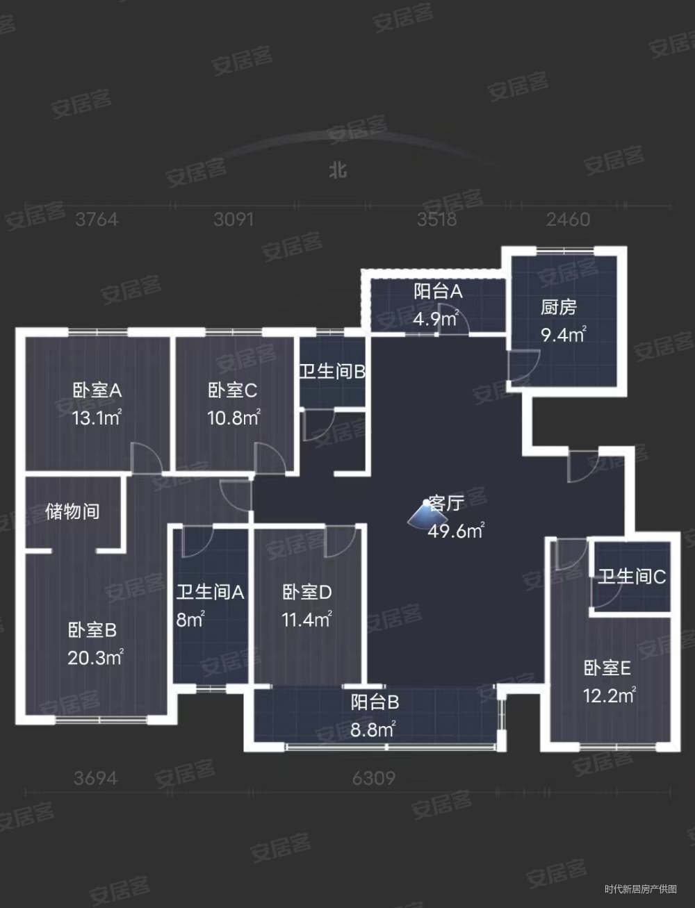 户型方正 产品满二,中房玺悦湾二手房,320万,5室2厅,3卫,177平米-银川