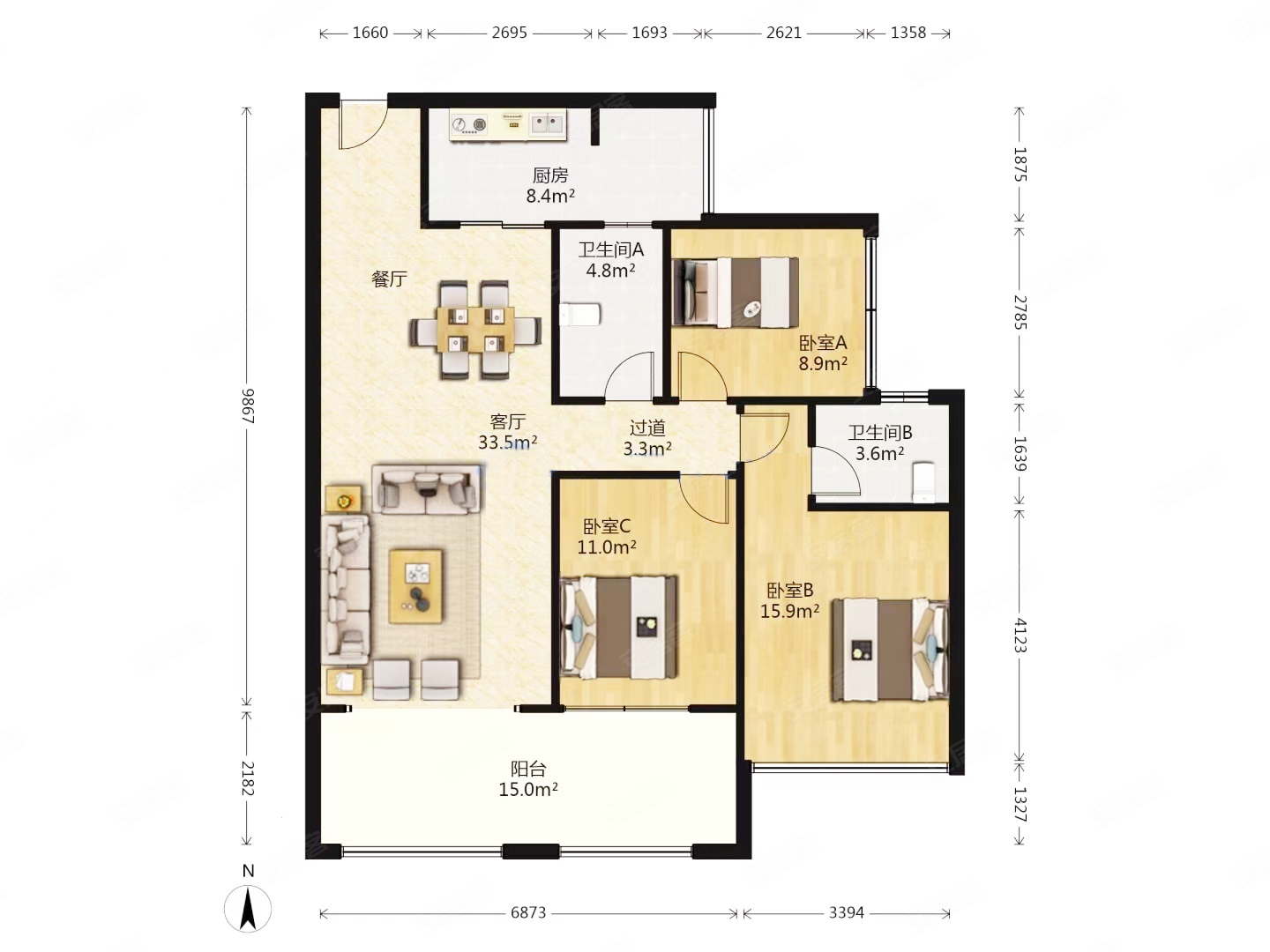 广汇御园二期a区3室1厅2卫110㎡南北320万