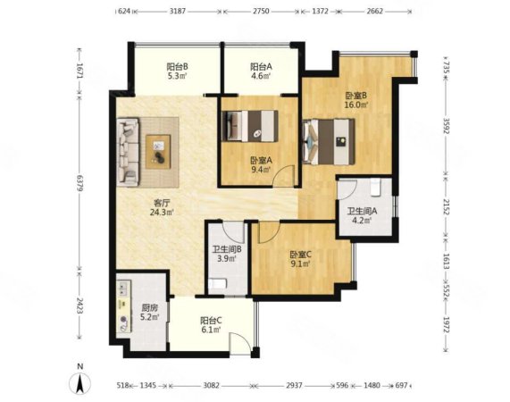 北欧知识城中欧住宅(二期)3室2厅2卫102㎡北105万