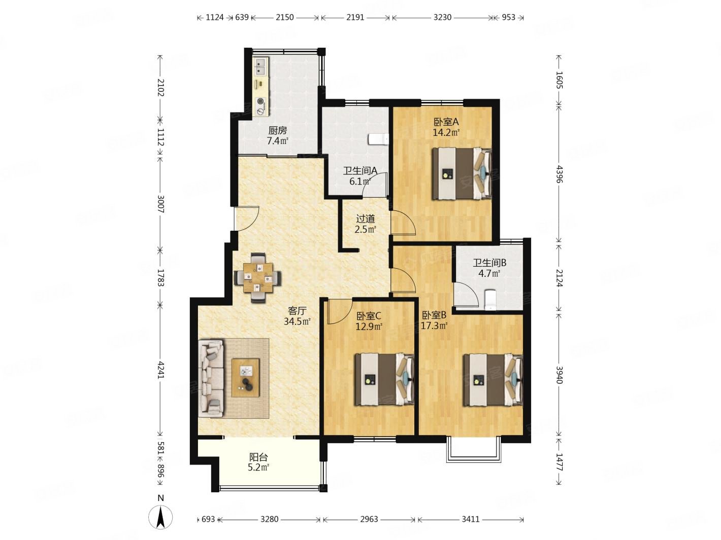 通宇林景雅园3室2厅2卫126.13㎡东南330万