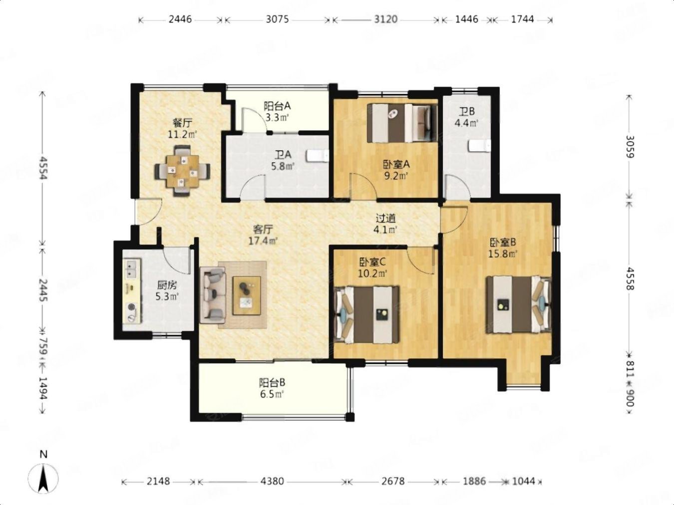 东方丽都3室2厅2卫121.93㎡南260万