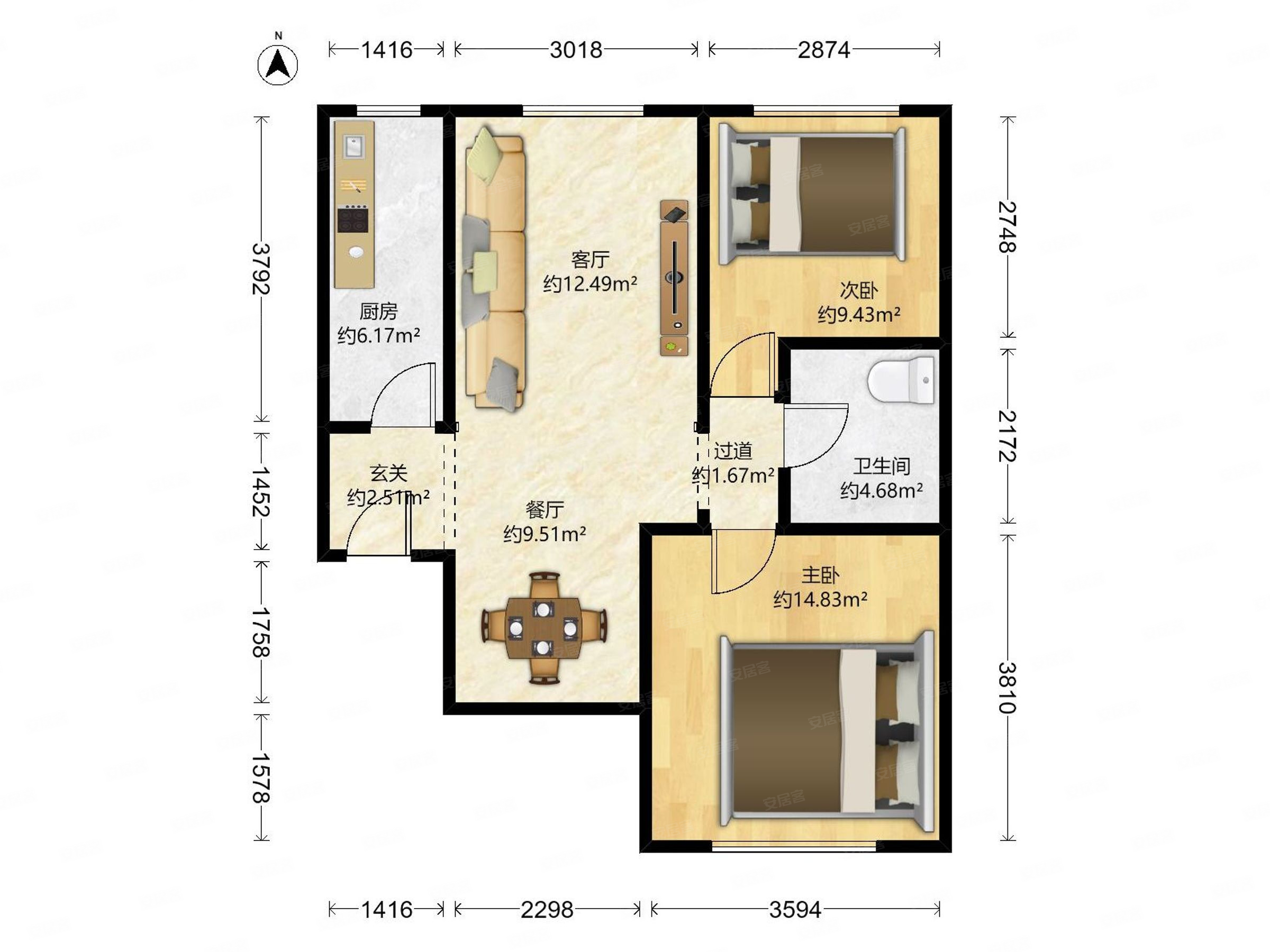 金隅万科城2室2厅1卫83.01㎡南北336万