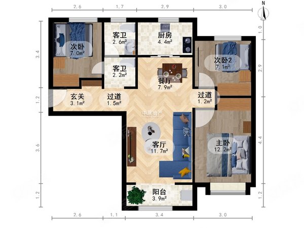天津北辰宜兴埠正荣府正荣府 3室2厅1卫 电梯房 精装修 98平出租房源