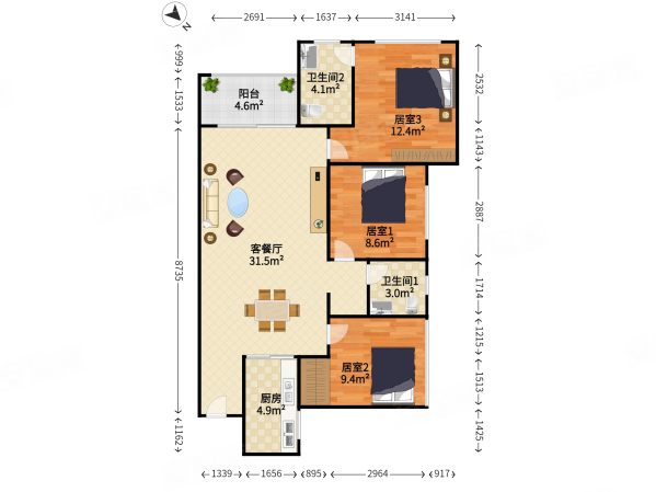 奥宸观壹城3室2厅2卫89.03㎡南北350万