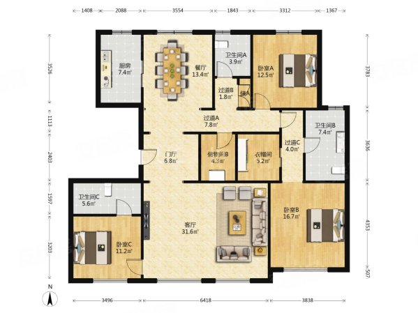 宾西路5号4室2厅3卫186㎡南北1100万