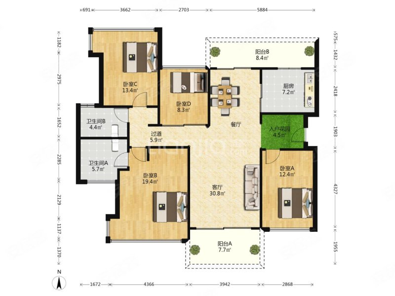 华发新城六期 小高层板楼 四房 南北双阳台 两梯两户