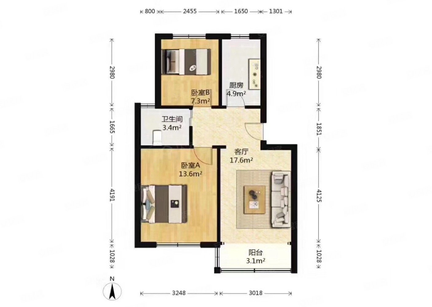 东大街社区2室1厅1卫68㎡南北128万