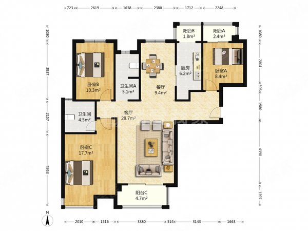 万达广场租房,二七万达2号院 3室2厅2卫 精装修 电梯房 130平,二七