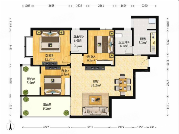 金上城3室2厅2卫87㎡南北106万