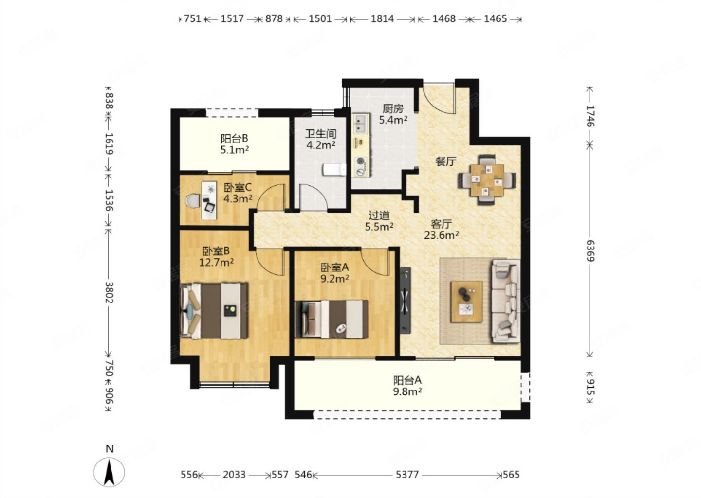 绿地峰辉3室1厅1卫98.84㎡南160万