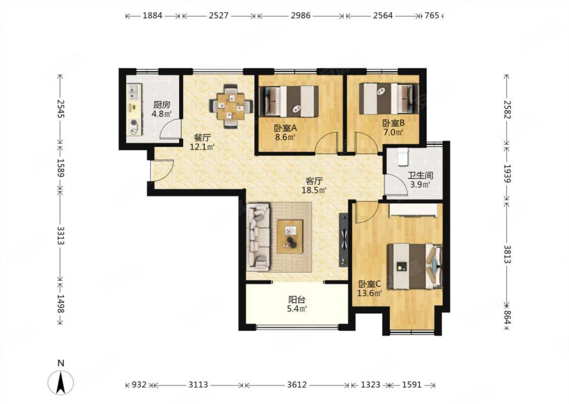 满堂悦二期三室两厅 南北通透 不临街 户型方正 满三满二,满堂悦moma