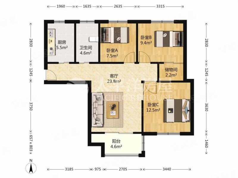 东方悦居苑3室1厅1卫94.81㎡南北589万