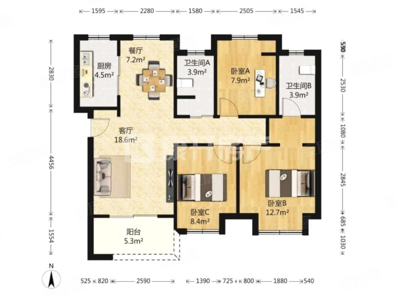 灏景湾3室2厅2卫91.18㎡南308万