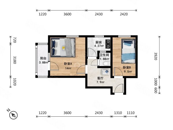 大山子西里2室1厅1卫54.62㎡西北255万