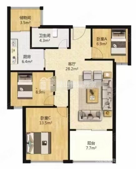 绿地21新城3室2厅1卫85.63㎡南119万
