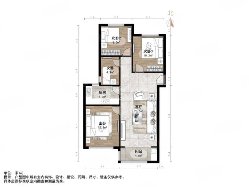 龙湖春江郦城二区(CB地块19-34)3室2厅1卫107.02㎡南北146万