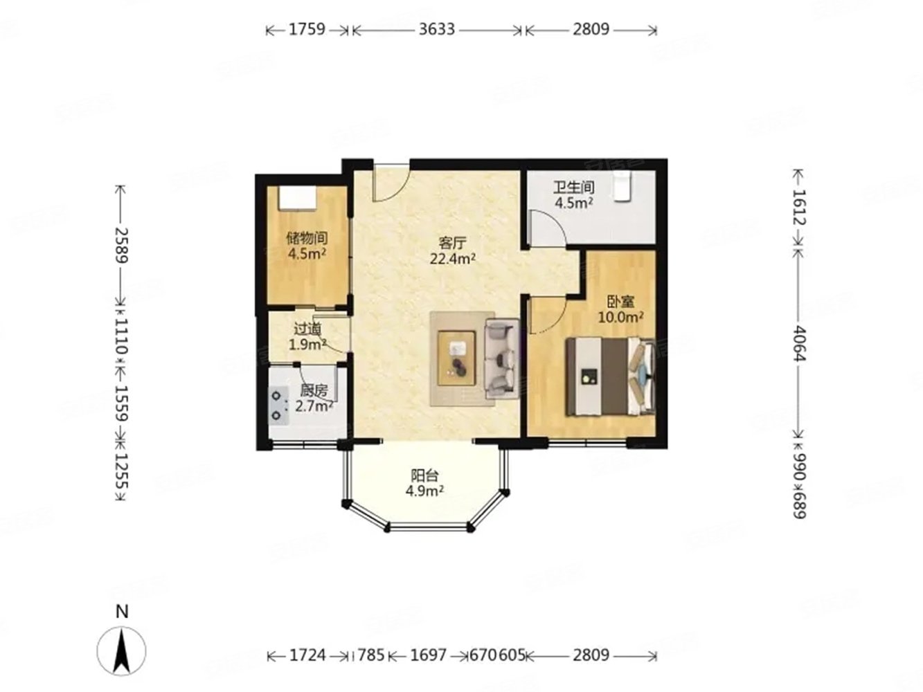 福城上上城五期南院1室1厅1卫68.04㎡南北66万