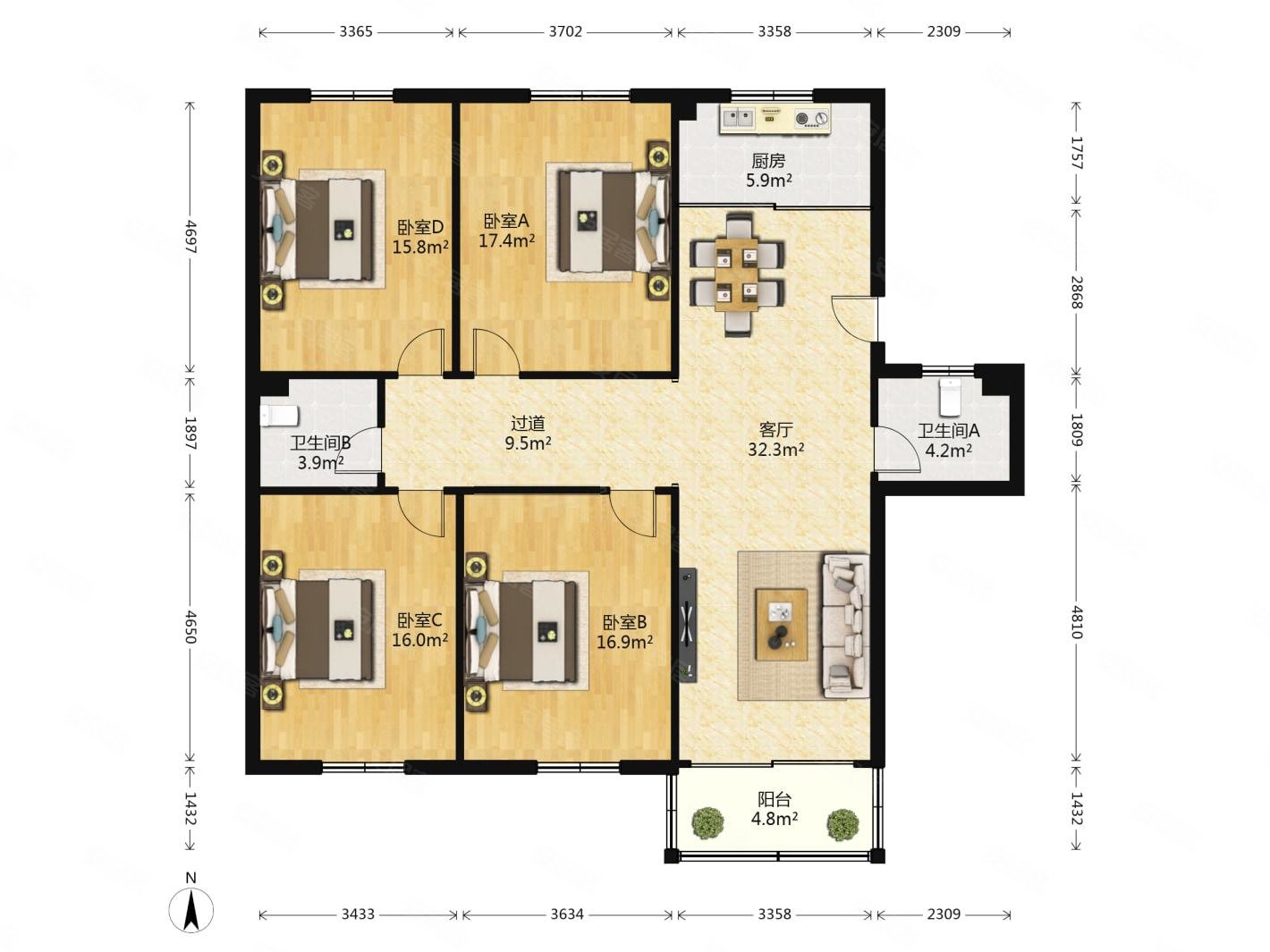 红旗花园B区4室2厅2卫150㎡南北135万