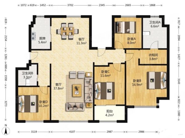 虹桥正荣府4室2厅2卫149.96㎡南北950万