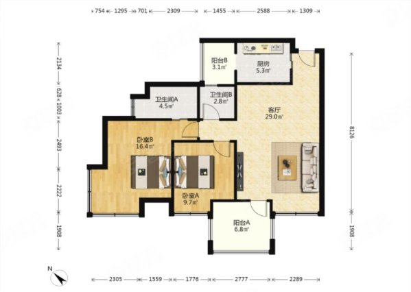 玲珑南域2室2厅2卫88.13㎡南北159万