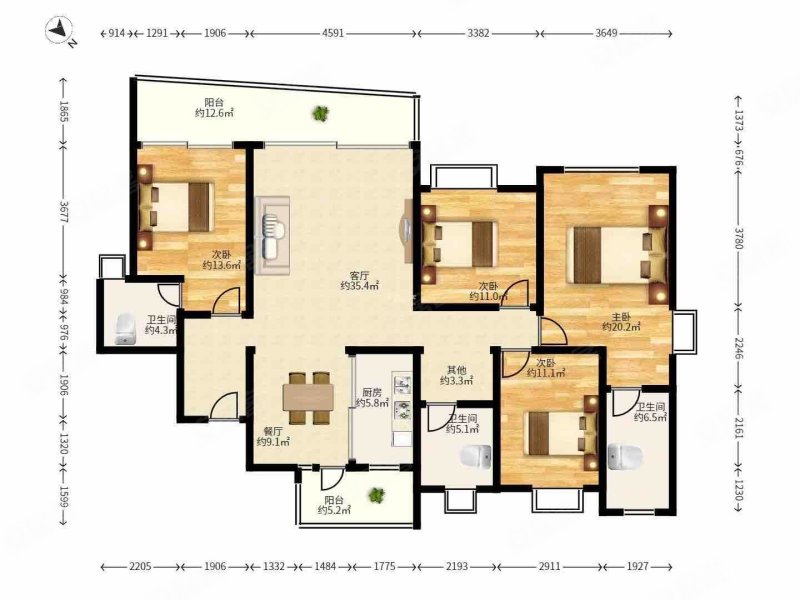 新小区 两梯两户 南北通透 四房三卫,领航城领誉(南区)二手房,1200万
