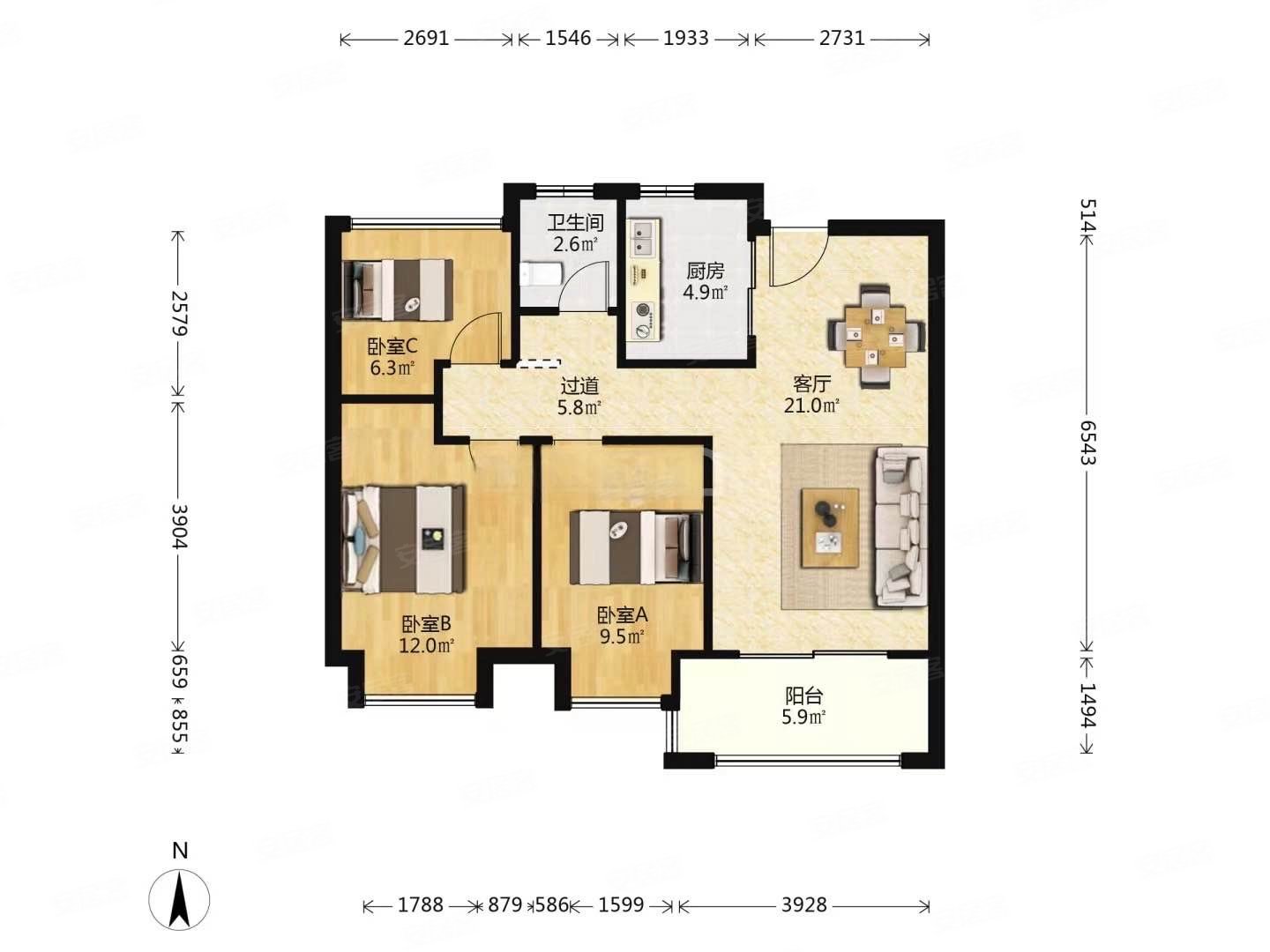 88平方米三房 看房方便,枫丹壹号二手房,188万,3室2厅,1卫,88平米