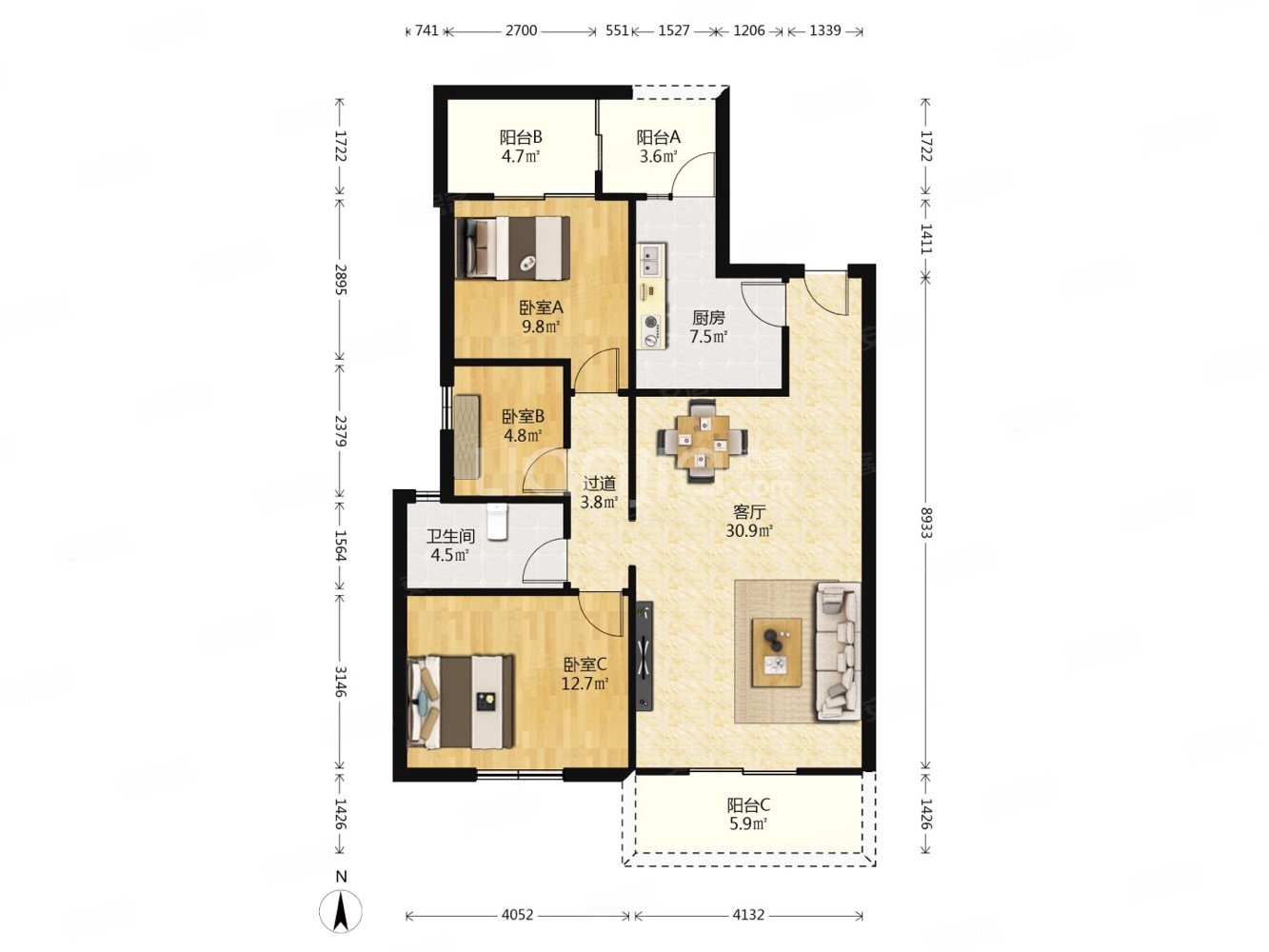 金山花园 南北正规3房 97平另送露台 3个阳台 中层