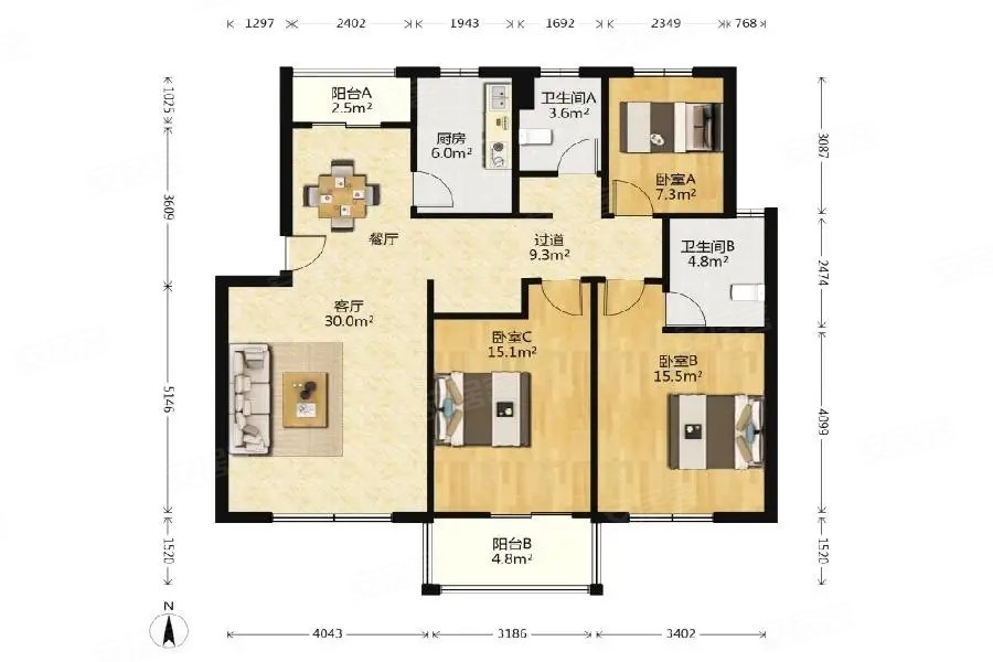 宜浩佳园3室2厅2卫126.85㎡南北315万