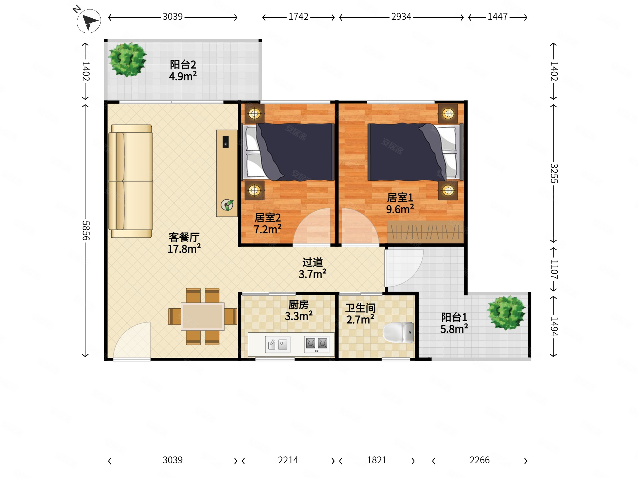 花样年花郡2室2厅1卫57.46㎡南北0万