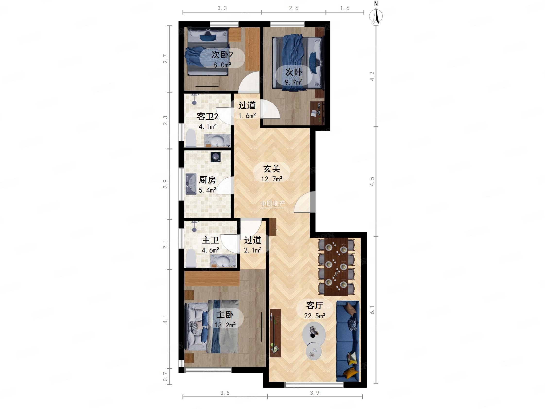 润景家园3室2厅2卫117㎡南北198万