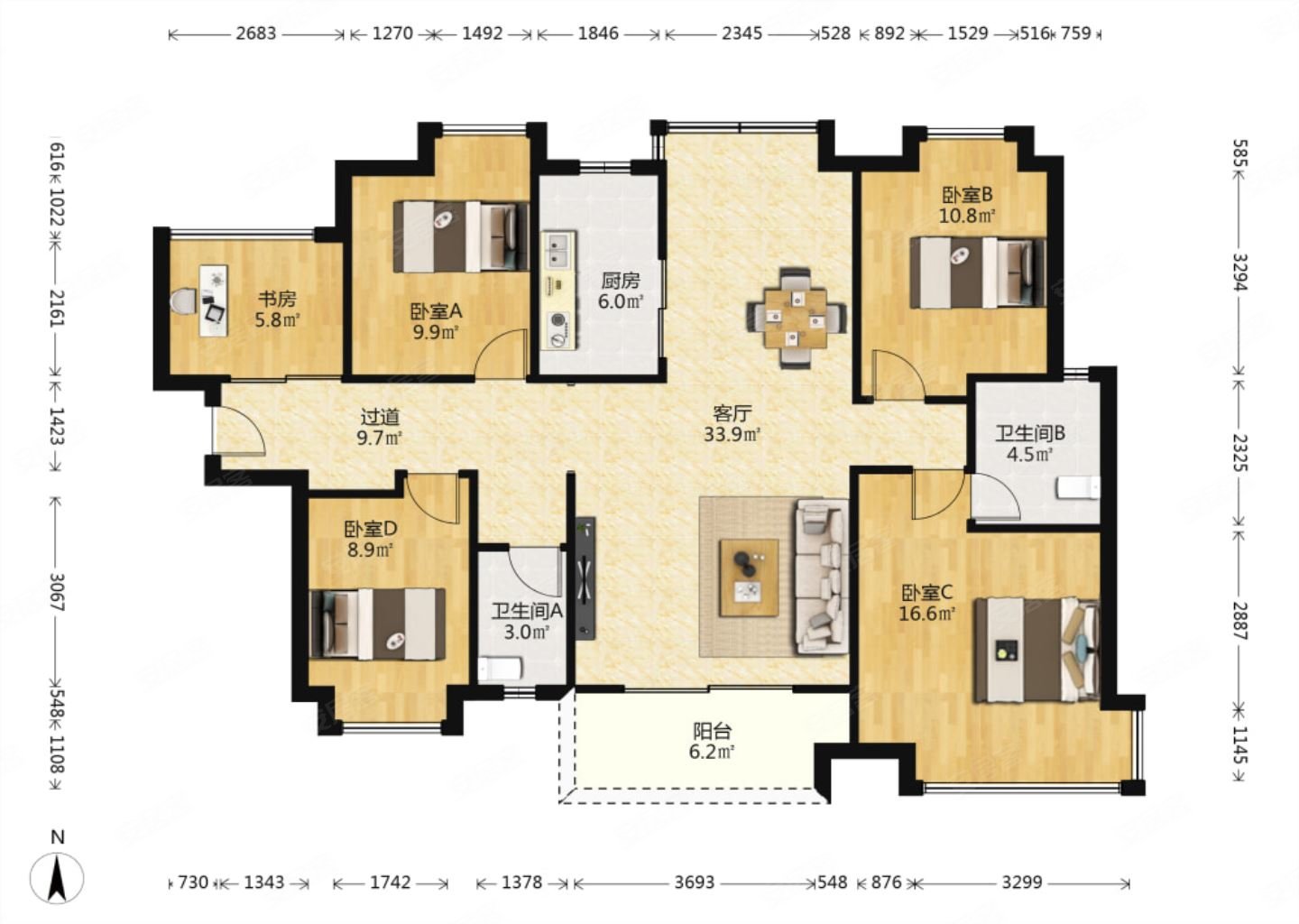 融创城140方户型方正东南位4加1房