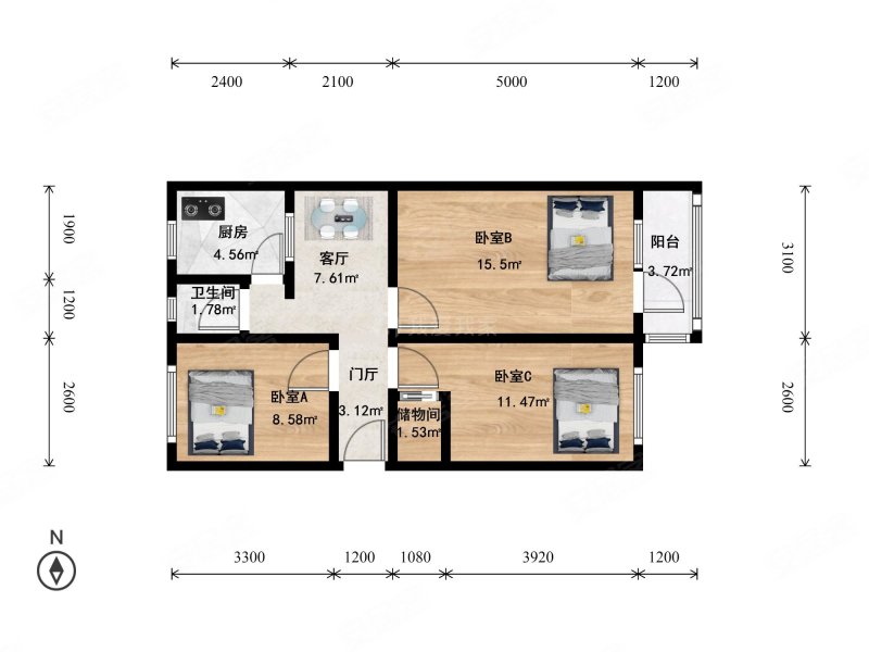 樱花园小区3室1厅1卫74.05㎡东西530万