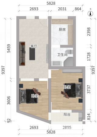 大学路77号小区2室1厅1卫60.28㎡南北268万