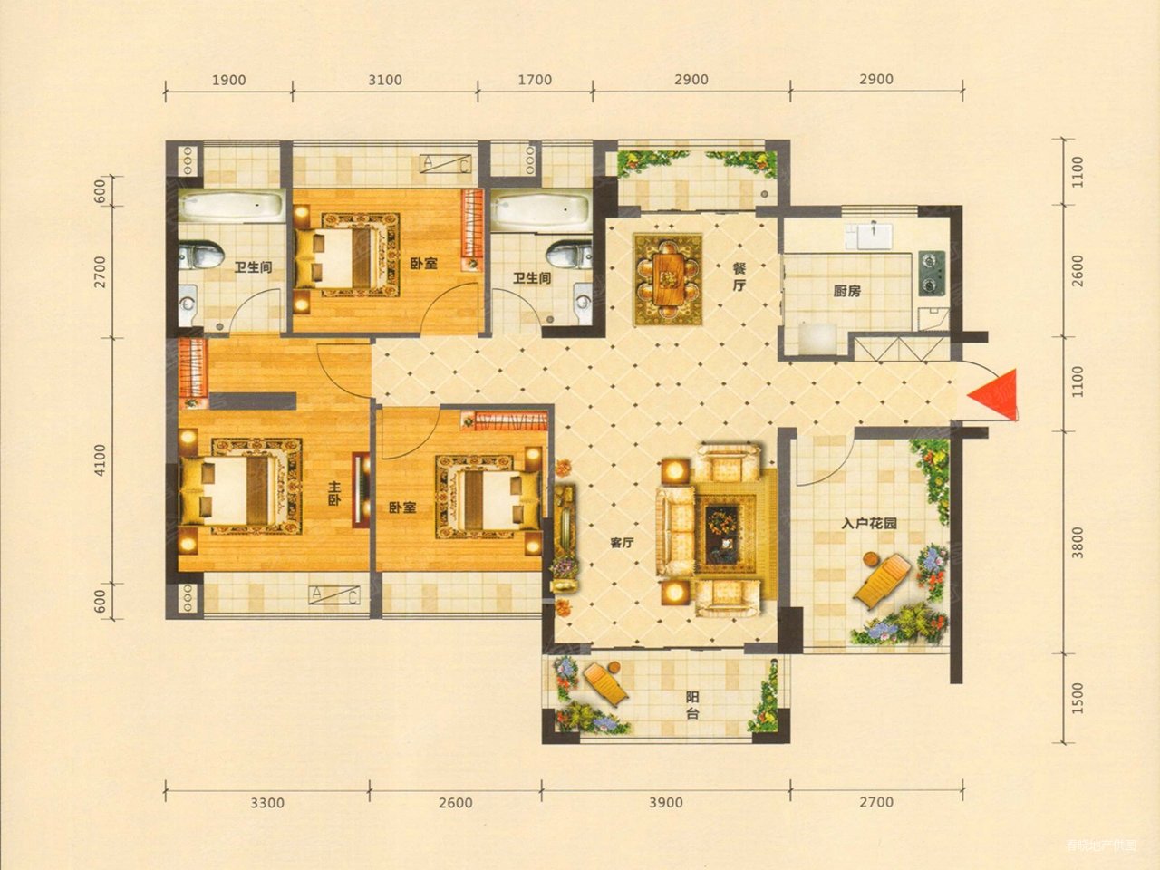 河畔花园(别墅)3室2厅3卫118㎡南北430万