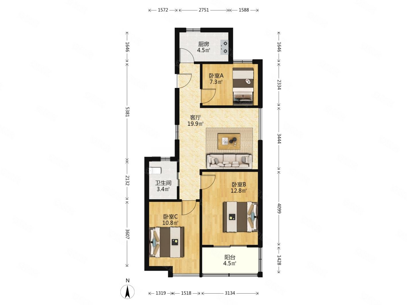 汇景和园3室1厅1卫87.24㎡南北170万
