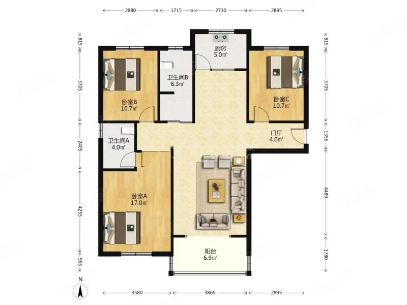 金雀新城(B区)3室2厅2卫135㎡南北135万