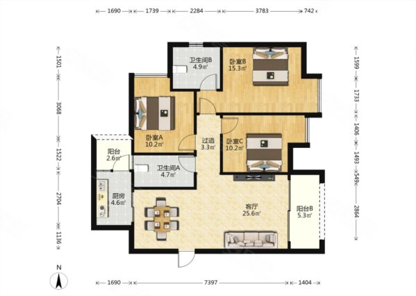 普天中央国际智苑组团3室2厅2卫106㎡东南65.8万