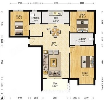 真爱万科公园华府3室2厅2卫130.65㎡南北215万