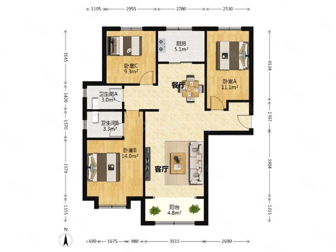 高远森林城 3室2厅0卫 130万,高远森霖城二手房,128万,3室1厅,2卫,117
