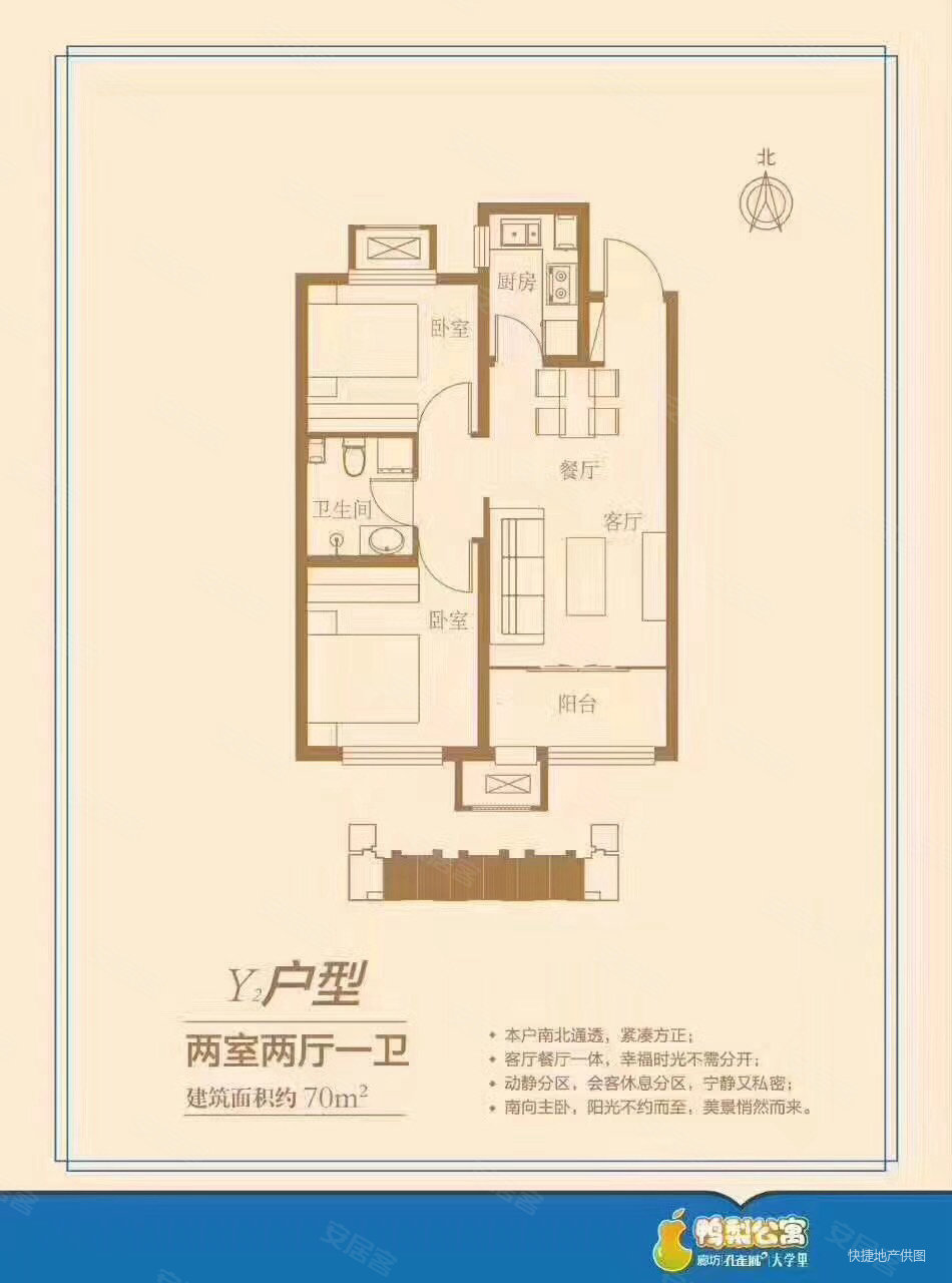 廊坊孔雀城大学里(商住楼)2室2厅1卫72㎡南北29万