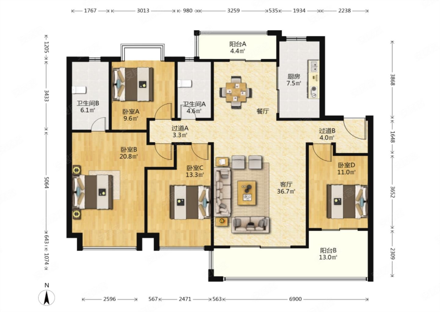 龙湖品质南北通透大四房带双阳台,精装带中央空调,好楼层随时看