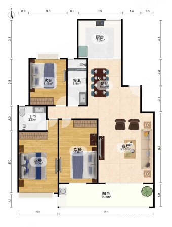 普瑞花园3室2厅2卫160.08㎡南北210万