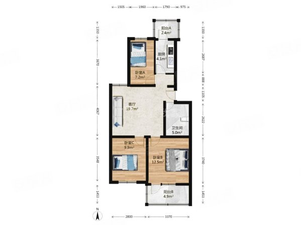 北平里3室1厅1卫83.34㎡南北322万